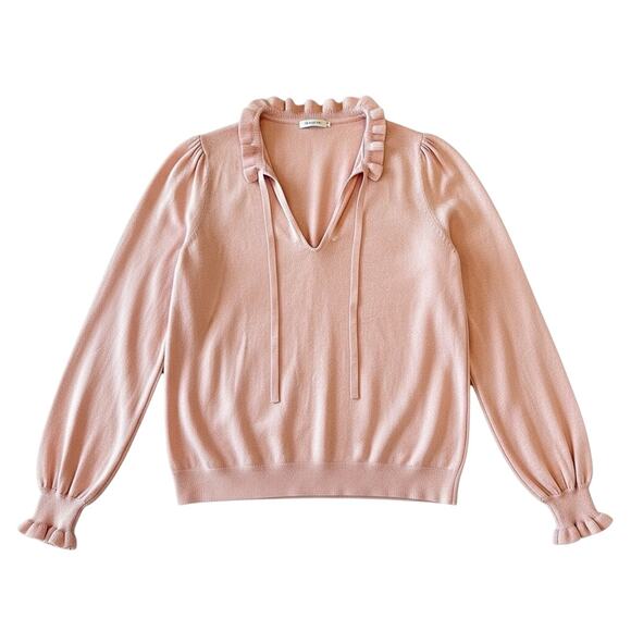 Boden Pink Ruffle Trim Tie-Neck Sweater Women’s Medium Soft Knit Pullover | Fall - Picture 2 of 8